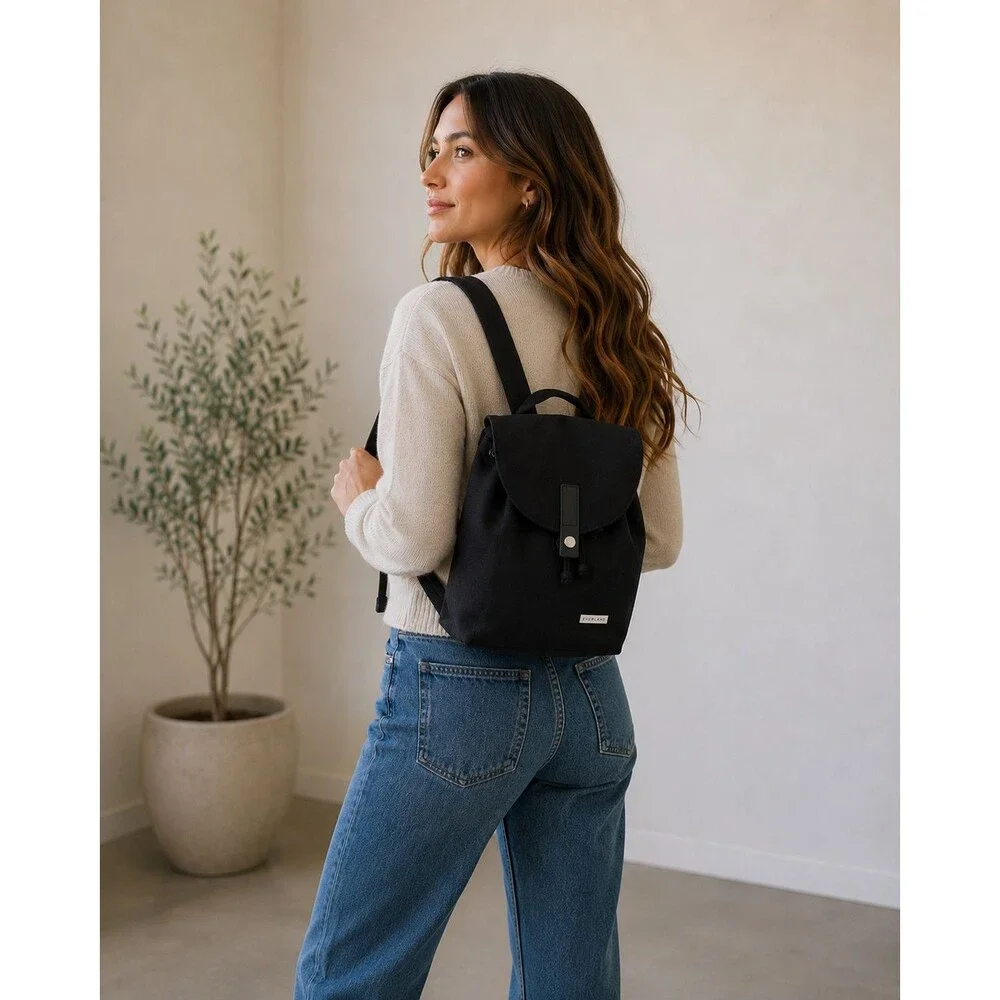 Everlane Modern Twill Snap Backpack Women Black Canvas Medium Minimalist